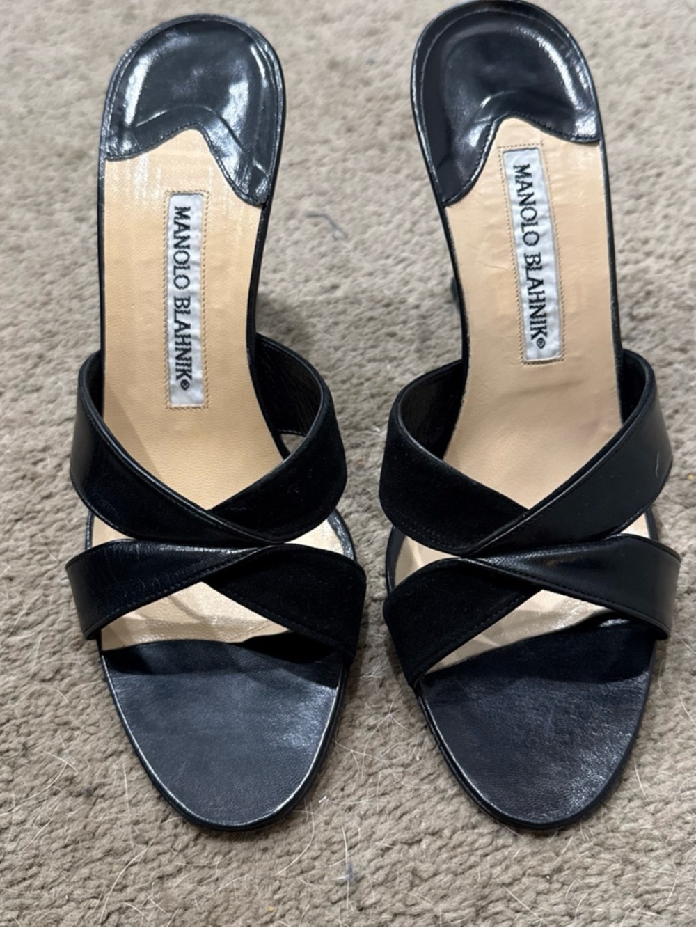 Manolo Blahnik Black Leather Crisscross Strap Mules